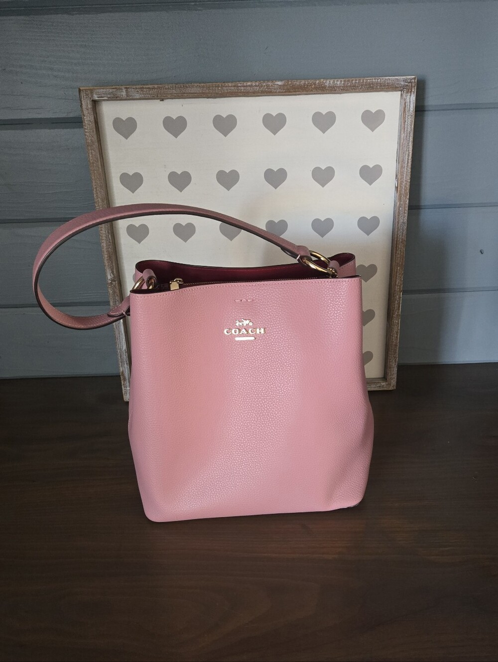 COACH Pink Pebbled Leather Bucket Shoulder Bag.